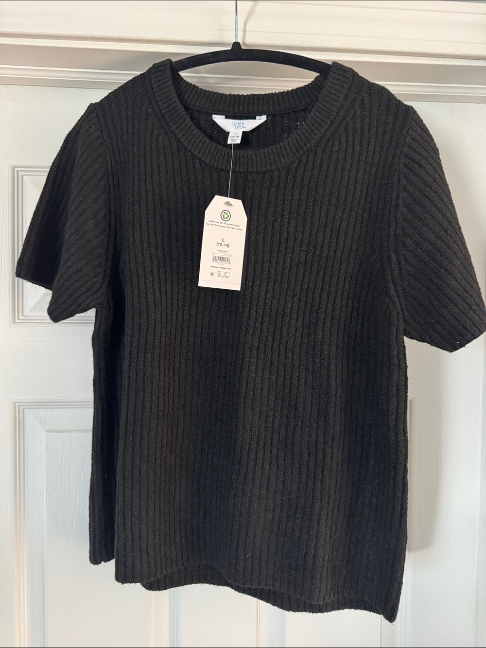 Time and Tru Black Ribbed Crewneck Short-Sleeve Sweater